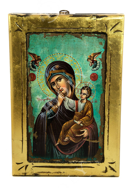 Virgin Mary icon Panagia, Handmade Greek Orthodox icon of Theotokos, Mother of God Byzantine art wall hanging canvas icon plaque 38x25cm - TheHolyArt