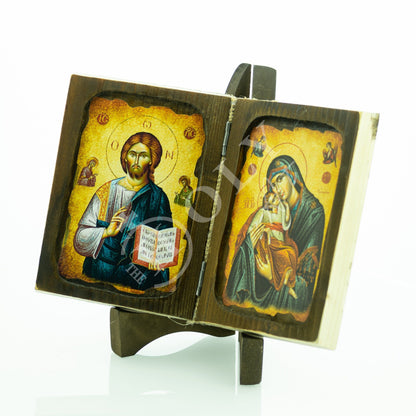 Jesus Christ icon Pantocrator Virgin Mary icon Glykophilousa diptych, Handmade Greek Orthodox icon, Byzantine art wall hanging 22x16cm - TheHolyArt