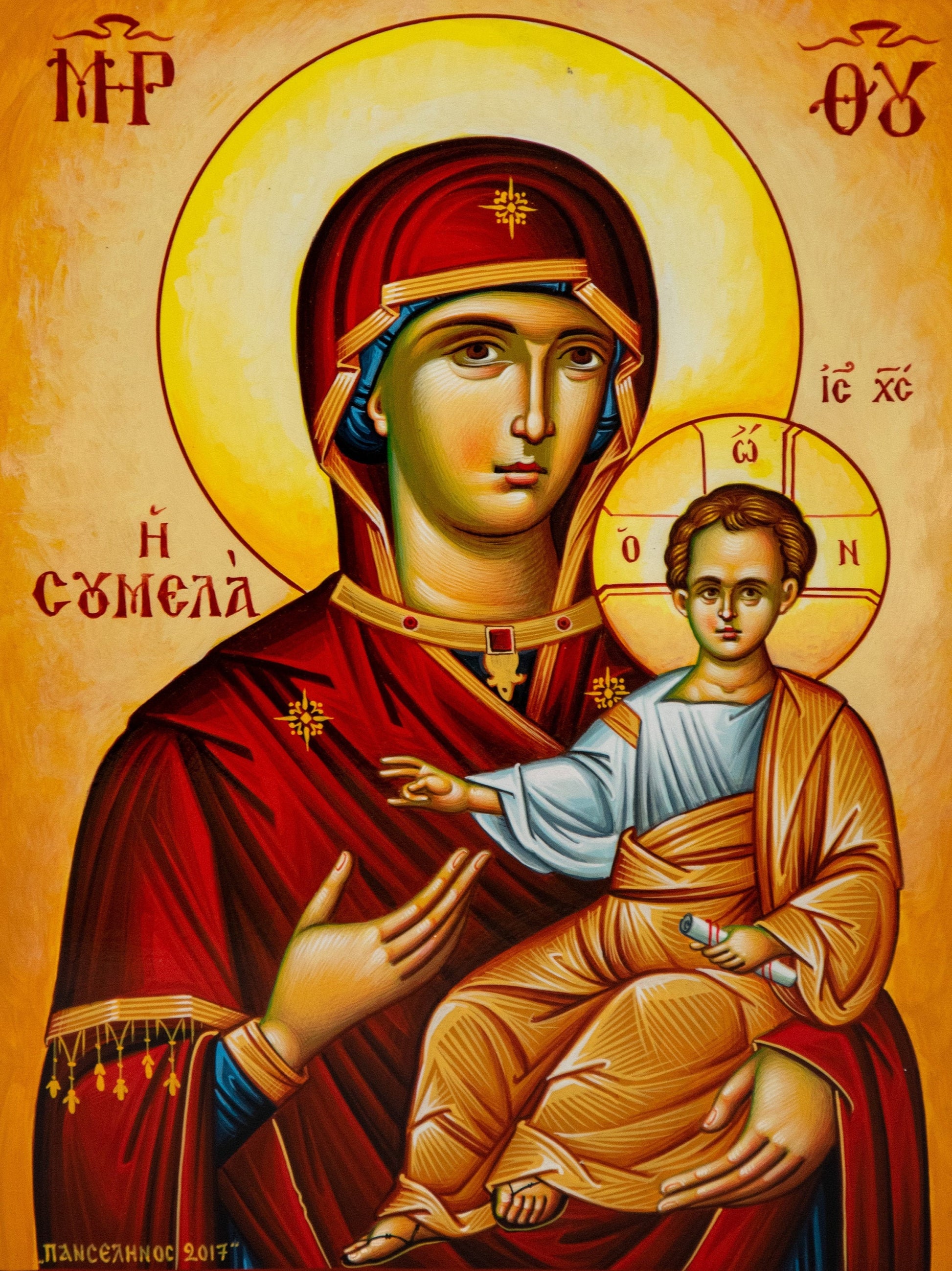 Hand painted Virgin Mary icon Panagia Soumela, Handmade Greek Orthodox icon of Lady of Sorrows, Byzantine art wall hanging Mother of God TheHolyArt