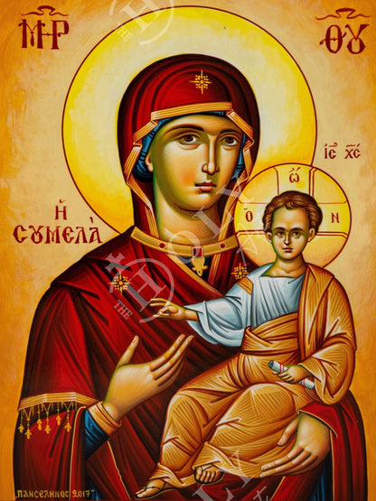 Hand painted Virgin Mary icon Panagia Soumela, Handmade Greek Orthodox icon of Lady of Sorrows, Byzantine art wall hanging Mother of God - TheHolyArt