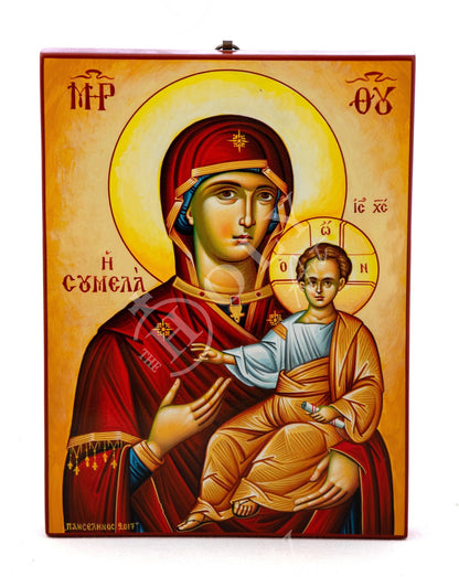 Hand painted Virgin Mary icon Panagia Soumela, Handmade Greek Orthodox icon of Lady of Sorrows, Byzantine art wall hanging Mother of God - TheHolyArt
