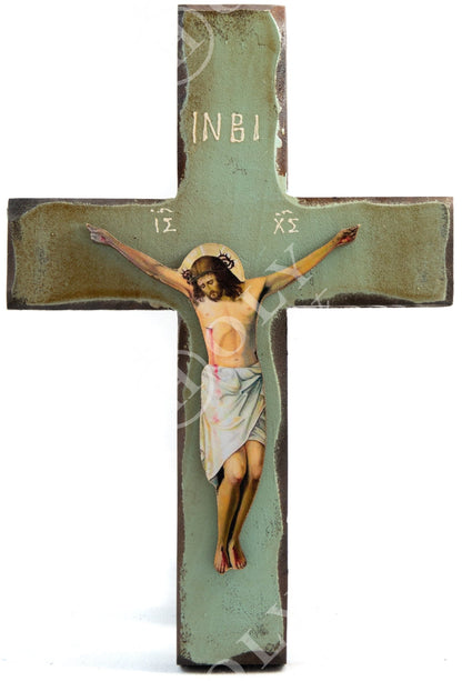 Crucifix Jesus Christ Cross, Blessing Cross, Byzantine art wall hanging, Greek Handmade wood Cross 31x21cm, Christian wall art decor - TheHolyArt