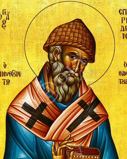Saint Spyridon icon, Handmade Greek Orthodox icon of St Spyridon, Byzantine art wall hanging icon on wood plaque, religious decor - TheHolyArt