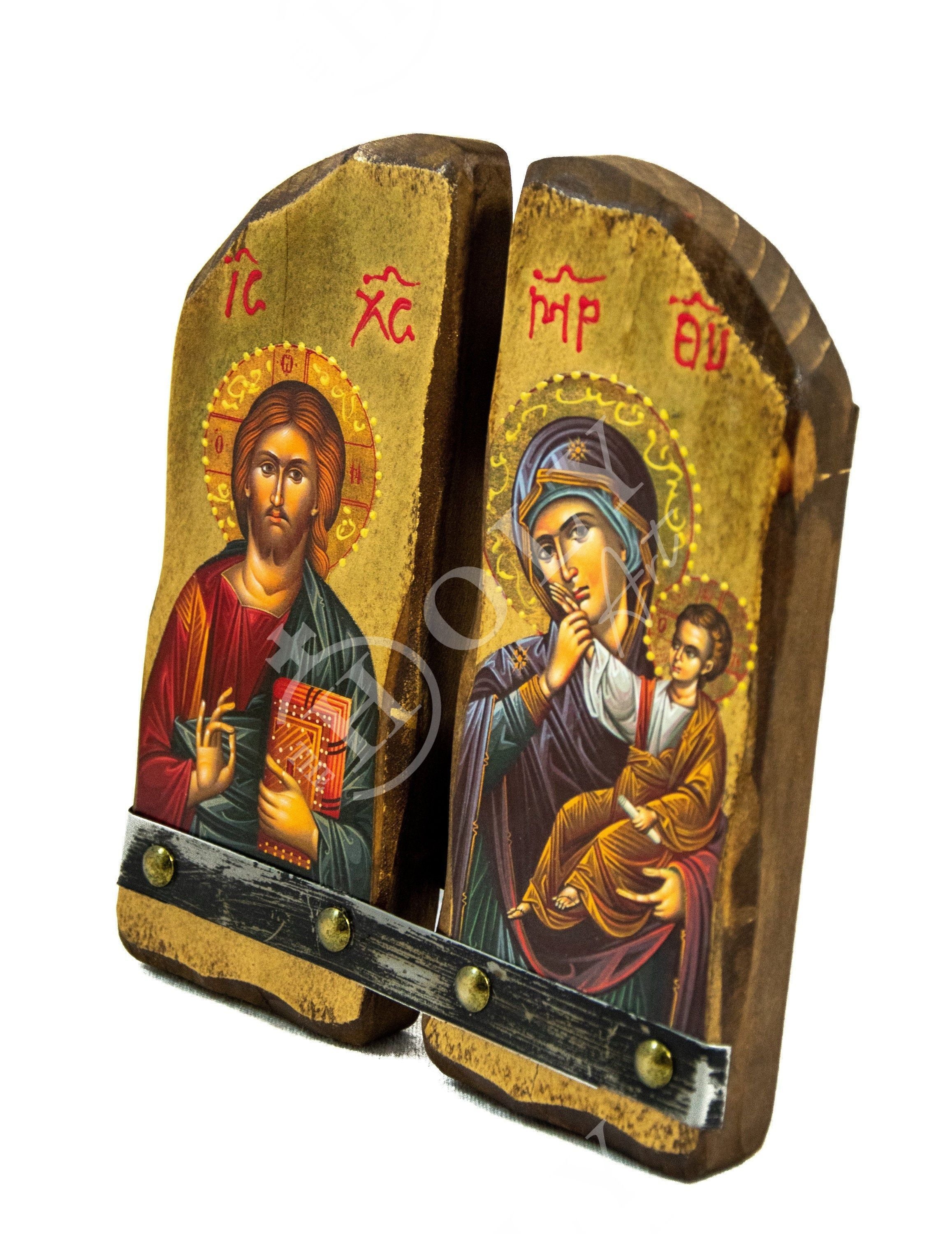 Virgin Mary & Jesus Christ icon , Handmade Greek Orthodox Icon, Mother of  God and our Lord Byzantine art wall hanging wood plaque, decor