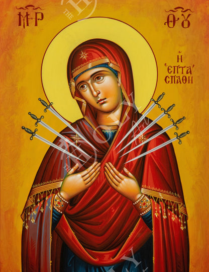 Hand painted Virgin Mary icon of the 7 Seven Swords, Greek Orthodox icon of Panagia Theotokos, Byzantine art wall hanging Mother of God - TheHolyArt