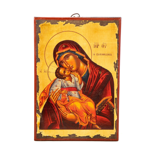Virgin Mary icon Panagia Glykophilousa, Handmade Greek Orthodox icon gold leaf Mother of God, Theotokos  Byzantine art wall hanging 38x26cm TheHolyArt