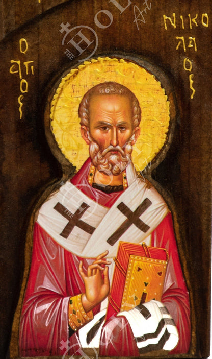 Saint Nicholas icon, Handmade Greek Orthodox icon of St Nick, Byzantine art wall hanging icon wood plaque 20x10cm, religious decor - TheHolyArt