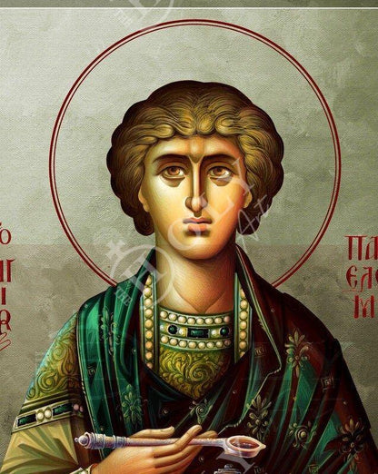 Saint Panteleimon icon, Greek Handmade Orthodox icon of Saint Pantaleon, Byzantine art wall hanging of San Pantaleone, religious gift - TheHolyArt