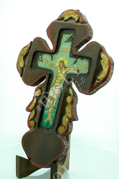 Crucifix Jesus Christ Cross, Blessing Cross, Byzantine art wall hanging, Greek Handmade Orthodox wooden Cross canvas icon 40x28cm - TheHolyArt