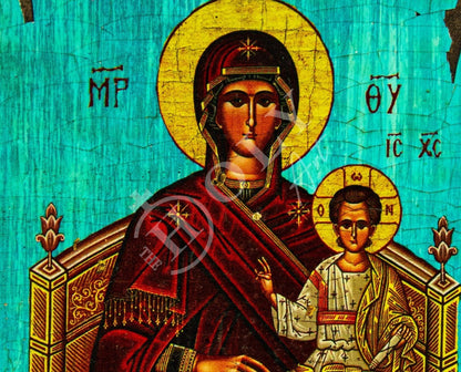Virgin Mary icon Enthroned, Handmade Greek Orthodox Icon, Mother of God Byzantine art wall hanging, Theotokos canvas icon 30x20cm gift idea - TheHolyArt