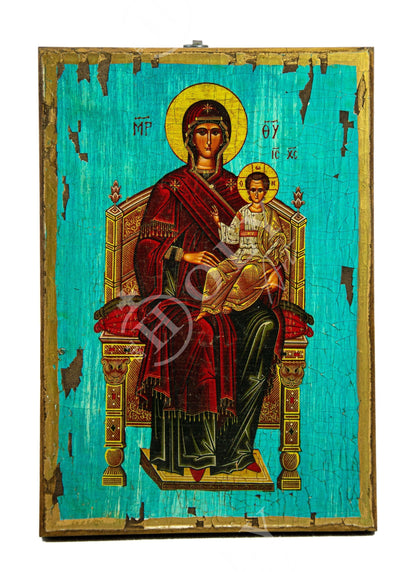 Virgin Mary icon Enthroned, Handmade Greek Orthodox Icon, Mother of God Byzantine art wall hanging, Theotokos canvas icon 30x20cm gift idea - TheHolyArt