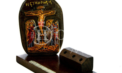 Crucifixion icon and Pencil holder 25x10cm, Handmade Greek Orthodox icon, Byzantine art pencil holder on wood, religious decor - TheHolyArt