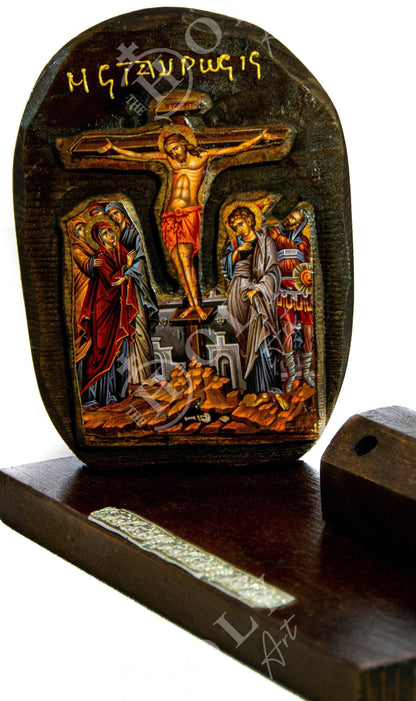 Crucifixion icon and Pencil holder 25x10cm, Handmade Greek Orthodox icon, Byzantine art pencil holder on wood, religious decor - TheHolyArt