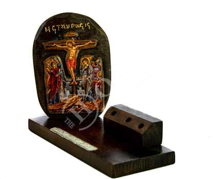 Crucifixion icon and Pencil holder 25x10cm, Handmade Greek Orthodox icon, Byzantine art pencil holder on wood, religious decor - TheHolyArt