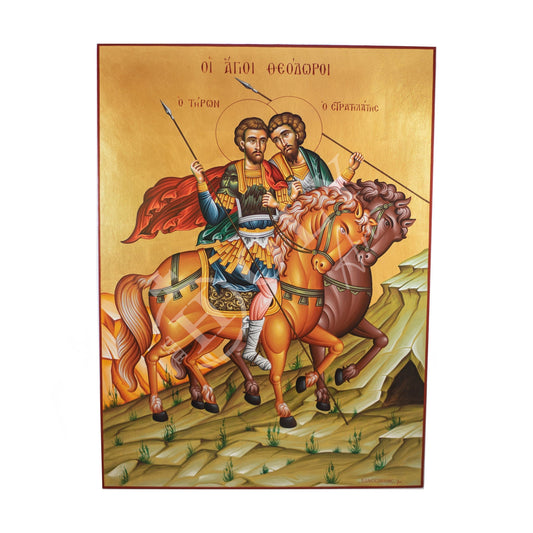 Saints Theodore Tyro and Theodore Stratelates hand painted icon, Greek Orthodox icon, Handmade Byzantine art wall hanging wood icon 30x20cm TheHolyArt