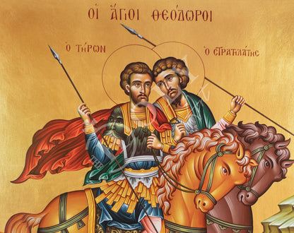 Saints Theodore Tyro and Theodore Stratelates hand painted icon, Greek Orthodox icon, Handmade Byzantine art wall hanging wood icon 30x20cm - TheHolyArt