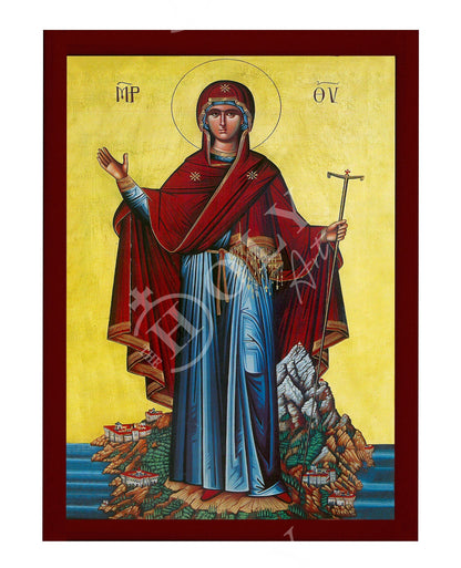 Virgin Mary icon Panagia Athonitissa, Handmade Greek Orthodox Icon of Theotokos Protector of Mt Athos Byzantine art wall hanging plaque - TheHolyArt