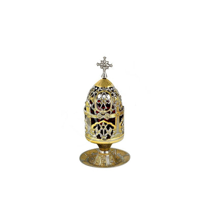 Christian Brass Table Oil Vigil Lamp with Cross, Hand-painted Prayer Standing Oil Lamp, Orthodox Oil Candle with glass cup, religious decor - TheHolyArt
