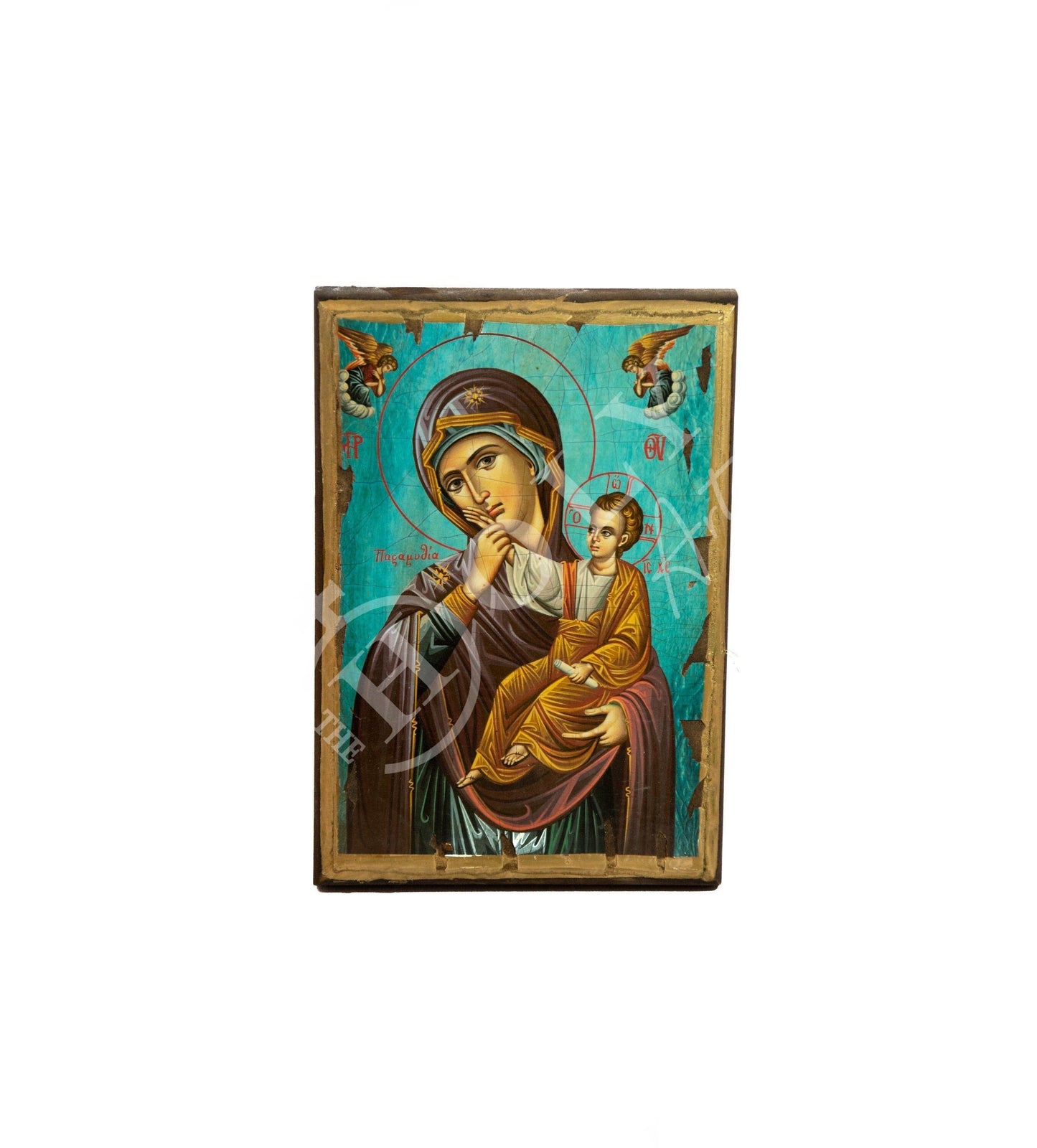 Virgin Mary icon Paramythia, Handmade Greek Orthodox Icon of Mother of God Byzantine art wall hanging wood plaque on canvas 30x20cm gift TheHolyArt