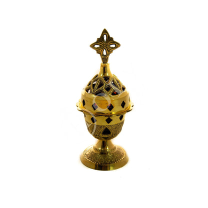Christian Brass Table Oil Vigil Lamp with Cross, Hand-painted Prayer Standing Oil Lamp, Orthodox Oil Candle with glass cup, religious decor - TheHolyArt