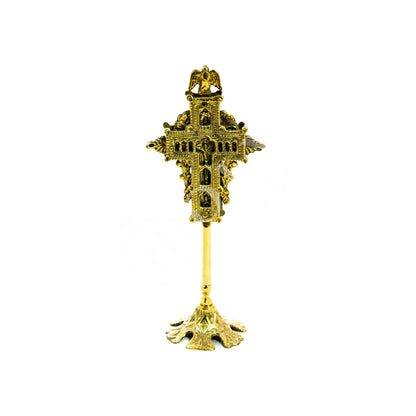 Standing Table Altar Crucifix, Jesus Christ Brass Blessing Cross, Handmade Greek Orthodox Byzantine Gold plated Holy Cross, religious decor - TheHolyArt