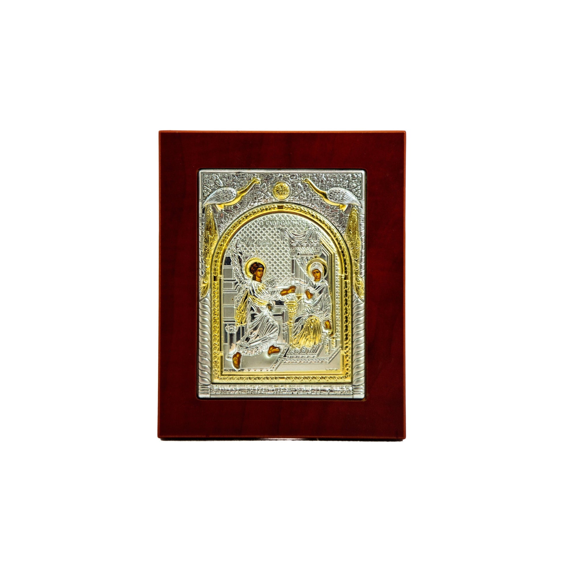 The Annunciation of Virgin Mary icon, Handmade Silver Greek Orthodox Icon of Mother of God, Theotokos Byzantine art wall hanging wood plaque TheHolyArt