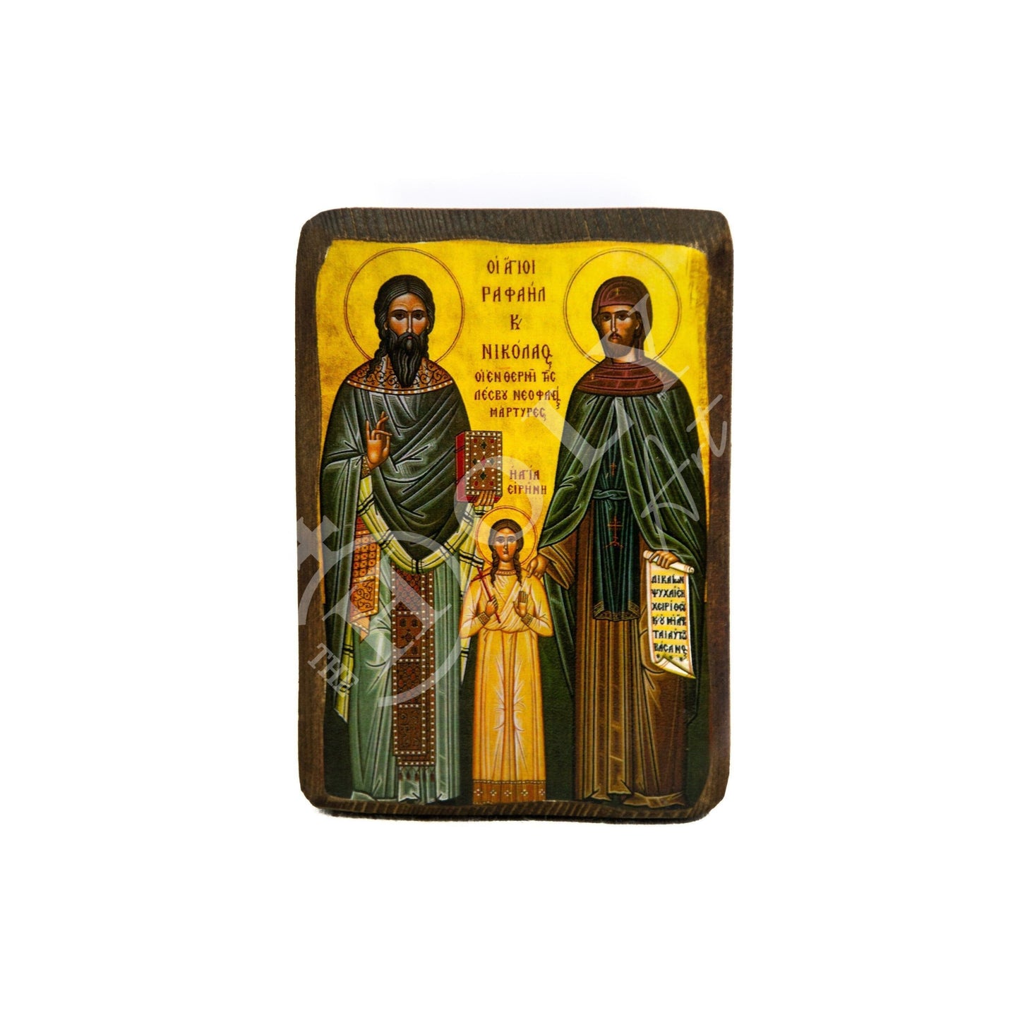 Saint Raphael Saint Nicholas Saint Irene icon Lesvos, Byzantine art wall hanging, Handmade Greek Orthodox icon wood plaque, religious gift TheHolyArt