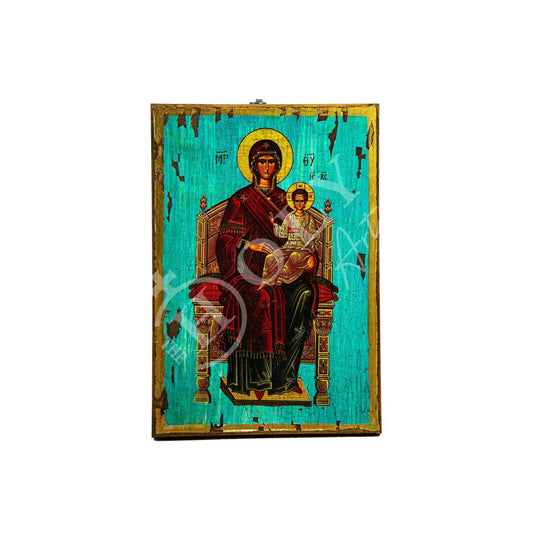 Virgin Mary icon Enthroned, Handmade Greek Orthodox Icon, Mother of God Byzantine art wall hanging, Theotokos canvas icon 30x20cm gift idea TheHolyArt