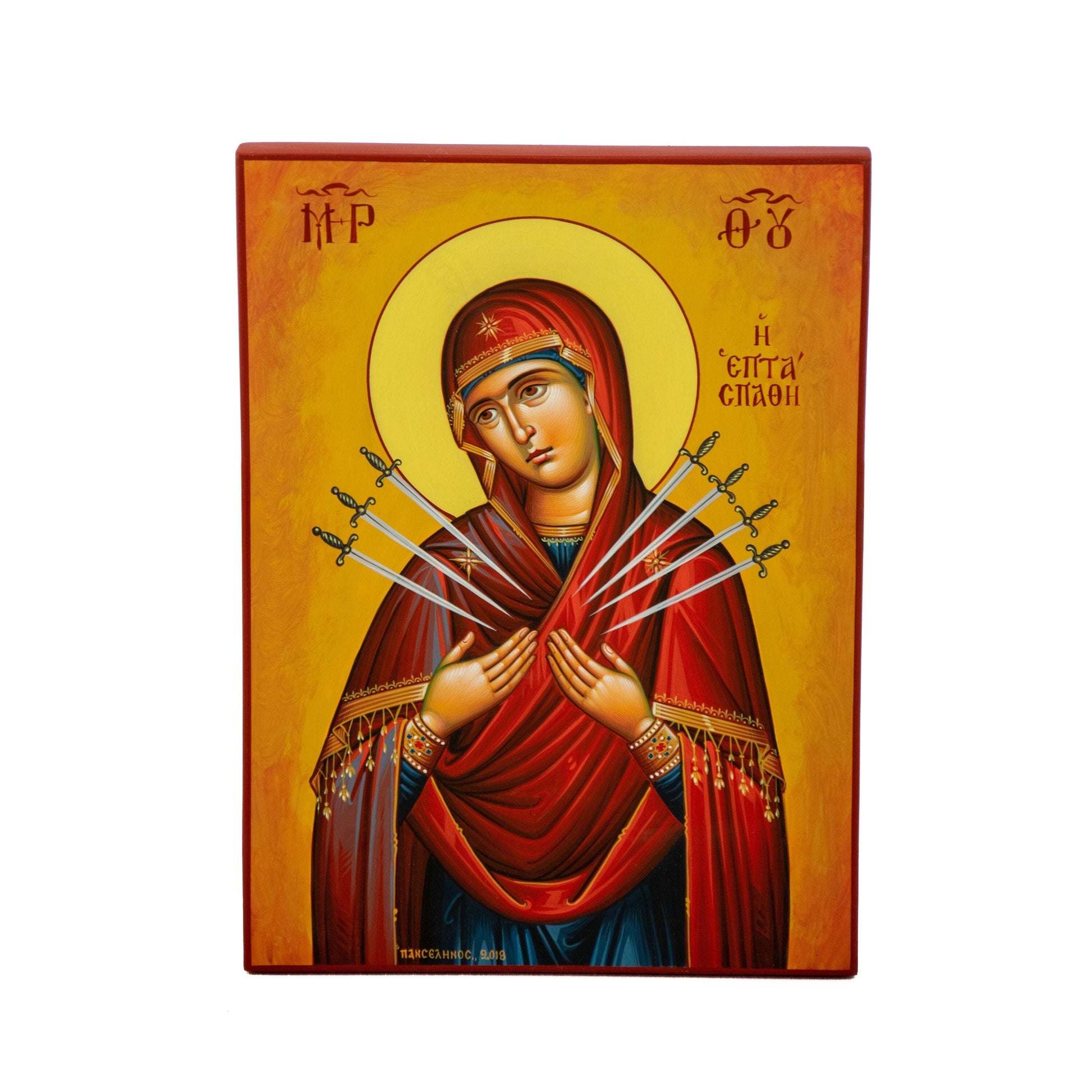 Hand painted Virgin Mary icon of the 7 Seven Swords, Greek Orthodox icon of Panagia Theotokos, Byzantine art wall hanging Mother of God TheHolyArt
