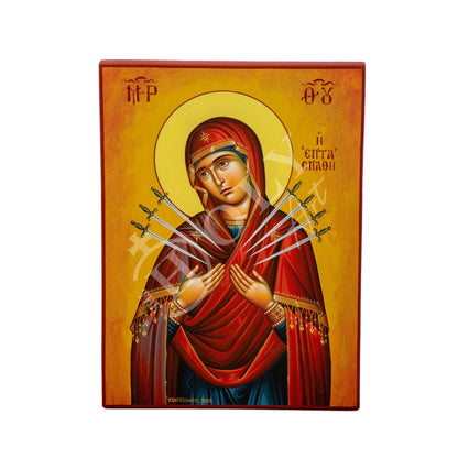 Hand painted Virgin Mary icon of the 7 Seven Swords, Greek Orthodox icon of Panagia Theotokos, Byzantine art wall hanging Mother of God - TheHolyArt