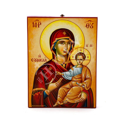 Hand painted Virgin Mary icon Panagia Soumela, Handmade Greek Orthodox icon of Lady of Sorrows, Byzantine art wall hanging Mother of God - TheHolyArt