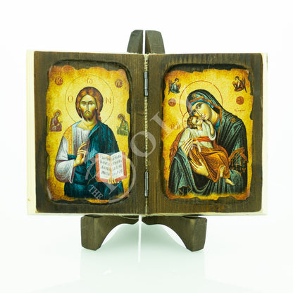 Jesus Christ icon Pantocrator Virgin Mary icon Glykophilousa diptych, Handmade Greek Orthodox icon, Byzantine art wall hanging 22x16cm - TheHolyArt