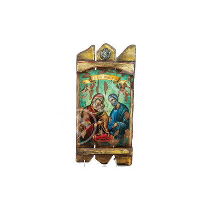 The Holy Family icon, Handmade Greek Orthodox icon, Byzantine art wall hanging icon on canvas aged wood plaque 45x21cm, wedding gift - TheHolyArt