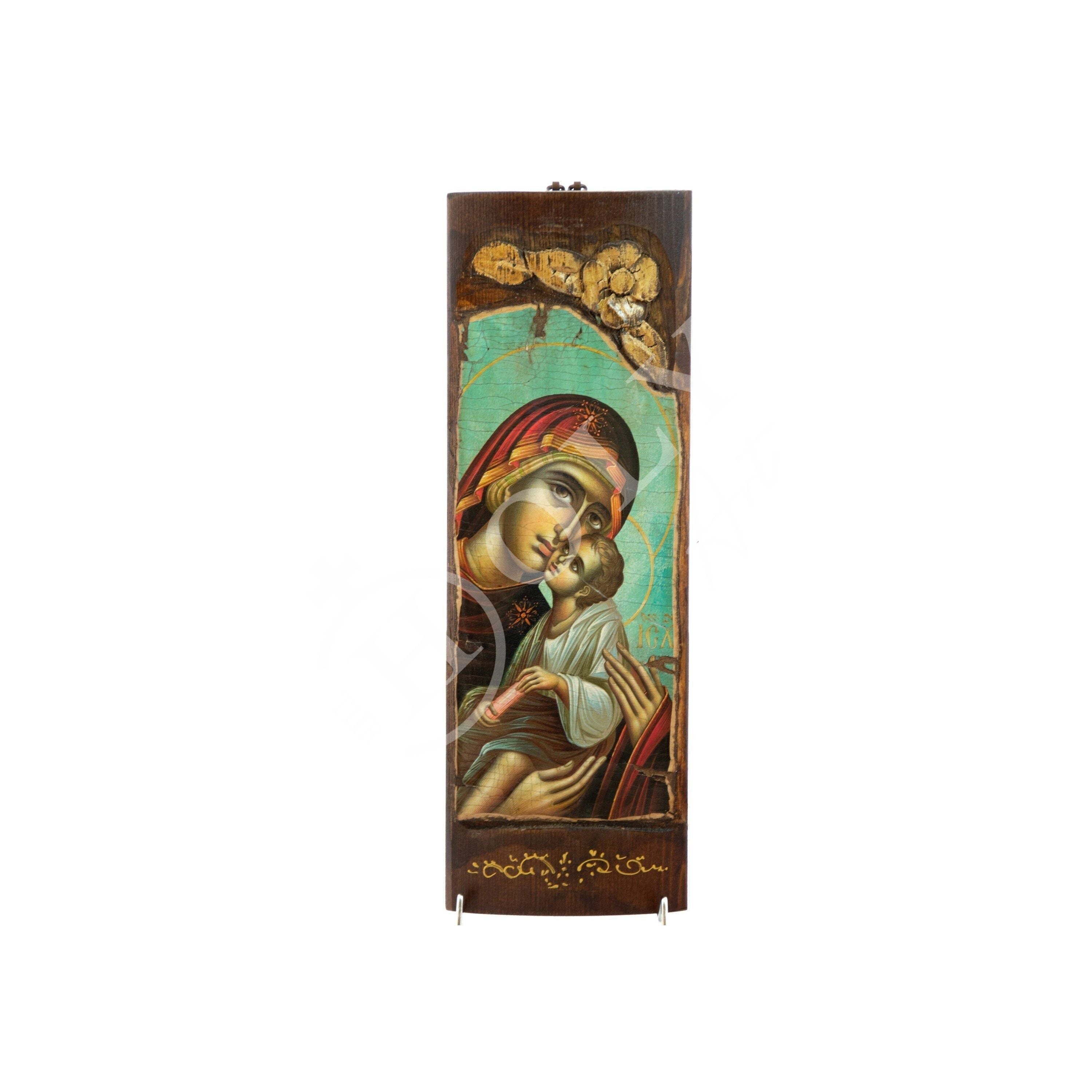 Virgin Mary icon Panagia, Handmade Greek Orthodox icon Theotokos, Mother of God deals Byzantine art wall hanging wood plaque canvas icon 40x13cm