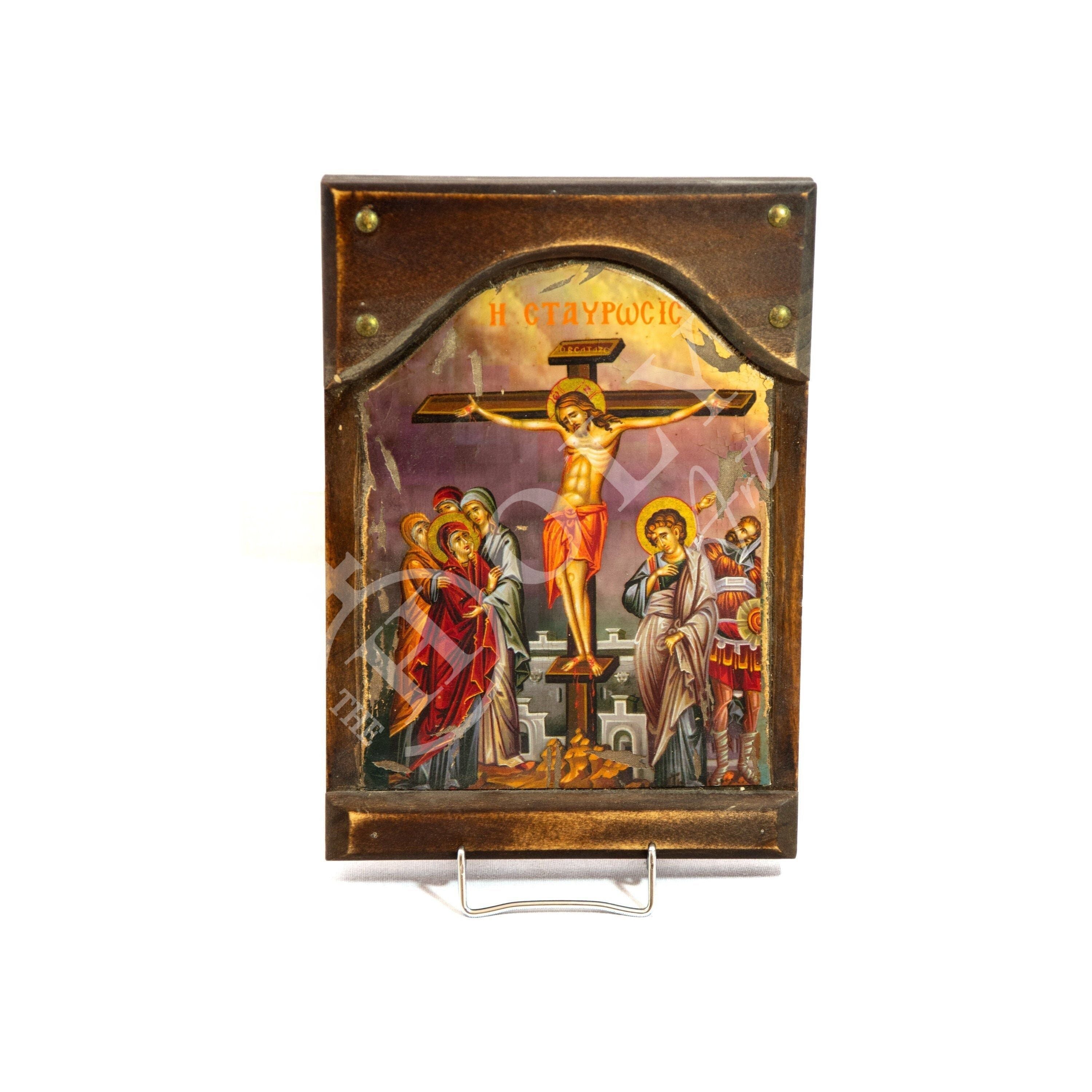 Byzantine Christian Orthodox Icon. The Crucifixion of Jesus. 100% offers Hand Painted Orthodox Icon on olive wood curved 20x40 cm