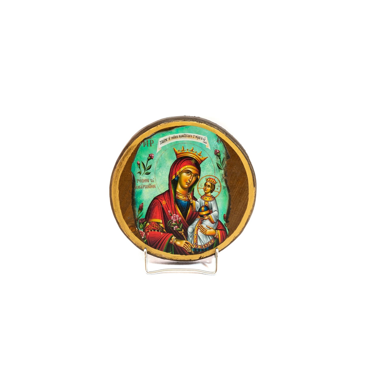 Virgin Mary icon Panagia Rose Amaranth, Handmade Greek Orthodox Icon of Mother of God, Theotokos Byzantine art wall hanging wood plaque icon TheHolyArt