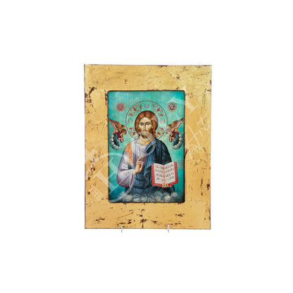 Jesus Christ icon, Handmade Greek Orthodox icon of Lord, Byzantine art wall hanging wood plaque canvas icon w gold leaf , wedding gift - TheHolyArt