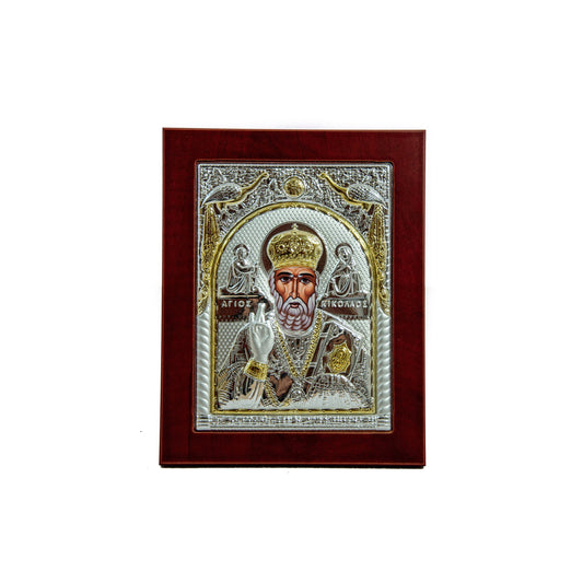 Saint Nicholas icon, Handmade Silver Greek Orthodox icon of St Nick, Byzantine art wall hanging icon on wood plaque, religious decor TheHolyArt