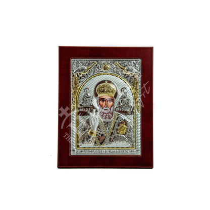 Saint Nicholas icon, Handmade Silver Greek Orthodox icon of St Nick, Byzantine art wall hanging icon on wood plaque, religious decor - TheHolyArt
