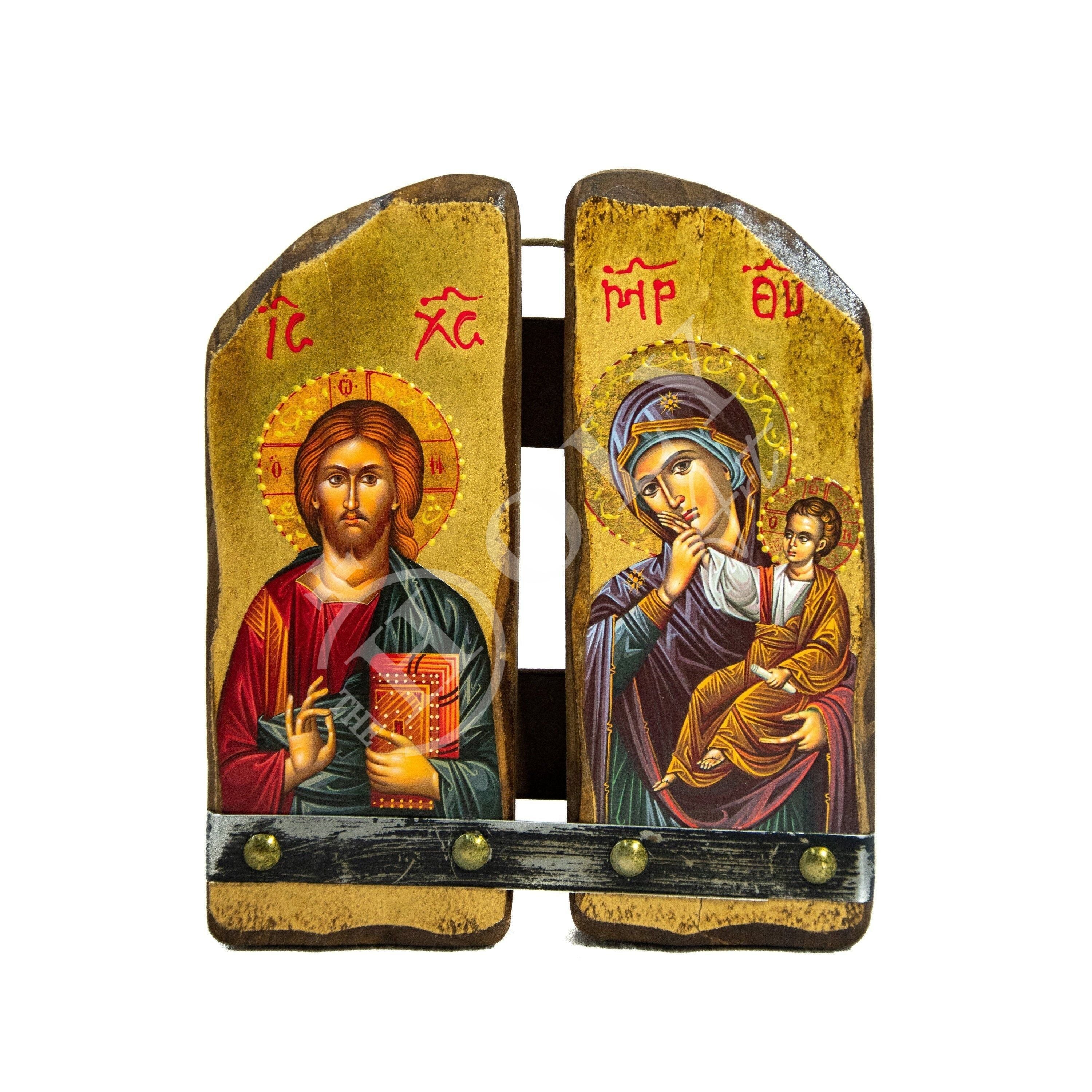 Christian Iconostasis with Holy shops Virgin Mary 30x22cm, Handmade Orthodox shrine of Our Lady Byzantine altar wall hanging wood plaque gift