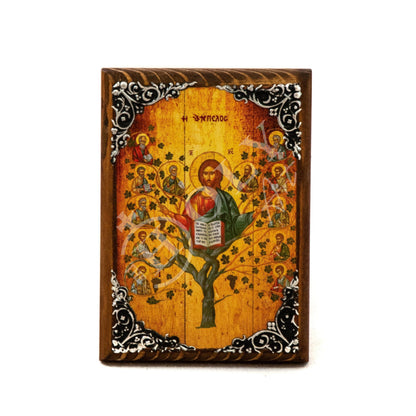 Jesus Christ icon with Apostles, Ampelos True Vine handmade Greek Orthodox icon, Byzantine art wall hanging on wood plaque, religious decor - TheHolyArt