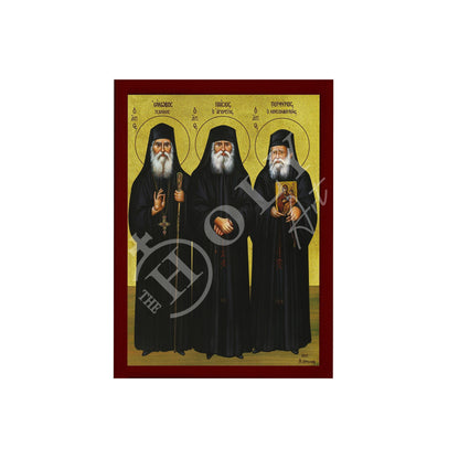 St Paisios of Mount Athos St Porphyrios & St Iakovos Tsalikis icon, Handmade Greek Orthodox icon, Byzantine art wall hanging wood plaque - TheHolyArt