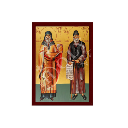 St Paisios of Mount Athos & St Porphyrios icon, Handmade Greek Orthodox icon, Byzantine art wall hanging wood plaque, religious decor - TheHolyArt