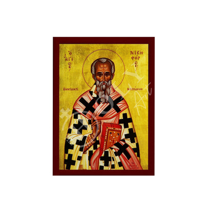 Saint Nicephorus icon, Handmade Greek Orthodox icon of St Nikephoros of Constantinople, Byzantine art wall hanging icon on wood plaque - TheHolyArt