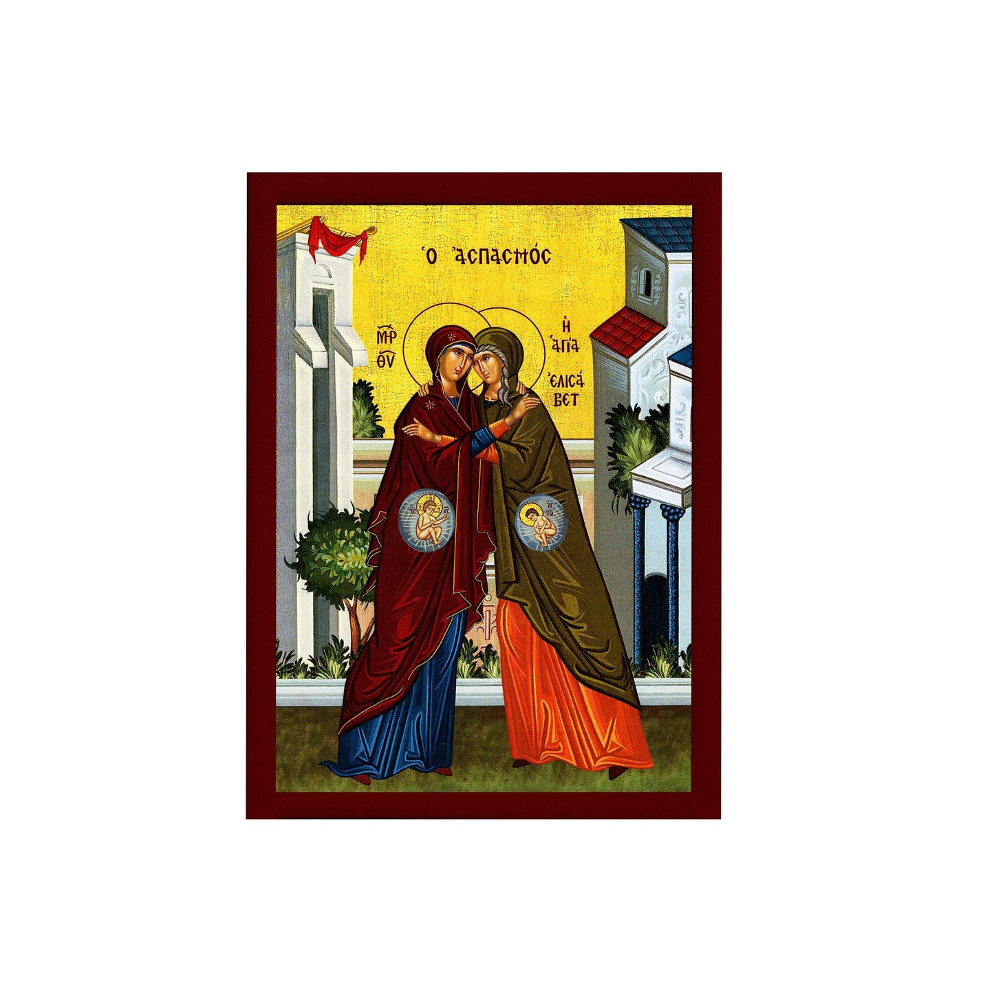 The Visitation of Theotokos to Elizabeth, Handmade Greek Orthodox icon of Virgin Mary, Byzantine wood plaque TheHolyArt