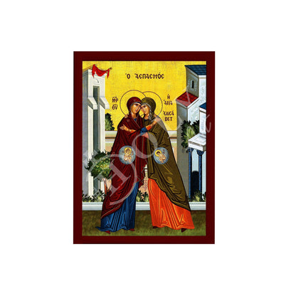 The Visitation of Theotokos to Elizabeth, Handmade Greek Orthodox icon of Virgin Mary, Byzantine wood plaque - TheHolyArt