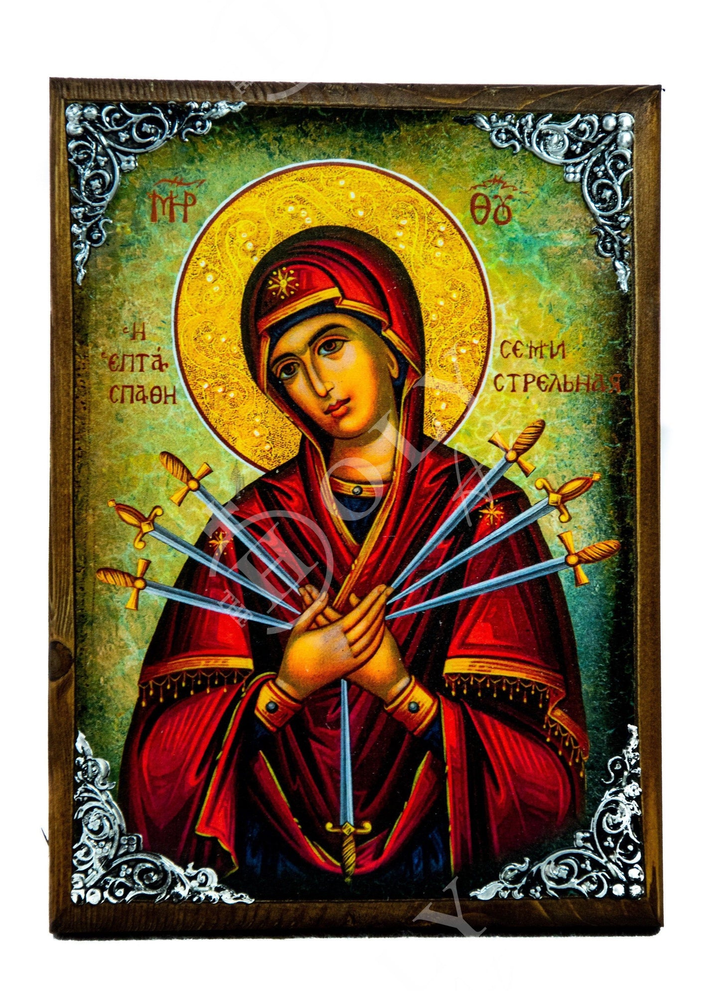 Our Lady of Sorrows icon, Virgin Mary icon Seven 7 swords, Handmade Greek Orthodox Icon, Mother of God Byzantine art wall hanging plaque TheHolyArt