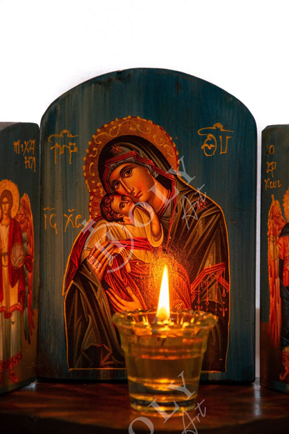 Christian Iconostasis with Virgin Mary Archangel Michael Archangel Gabriel icon, Handmade Mount Athos wooden Altar Orthodox Icon - TheHolyArt