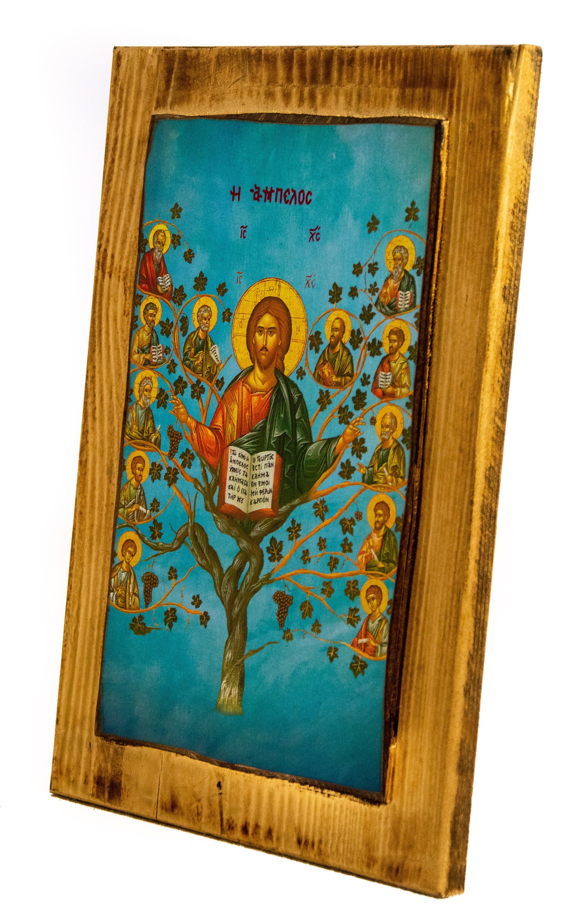 Jesus Christ icon with Apostles, Ampelos True Vine handmade Greek Orthodox icon, Byzantine art wall hanging on wood plaque, religious decor TheHolyArt