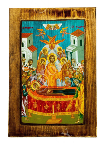 Dormition of Virgin Mary icon, Handmade Greek Orthodox Icon of Theotokos Assumption, Mother of God Byzantine art wall hanging plaque icon - TheHolyArt